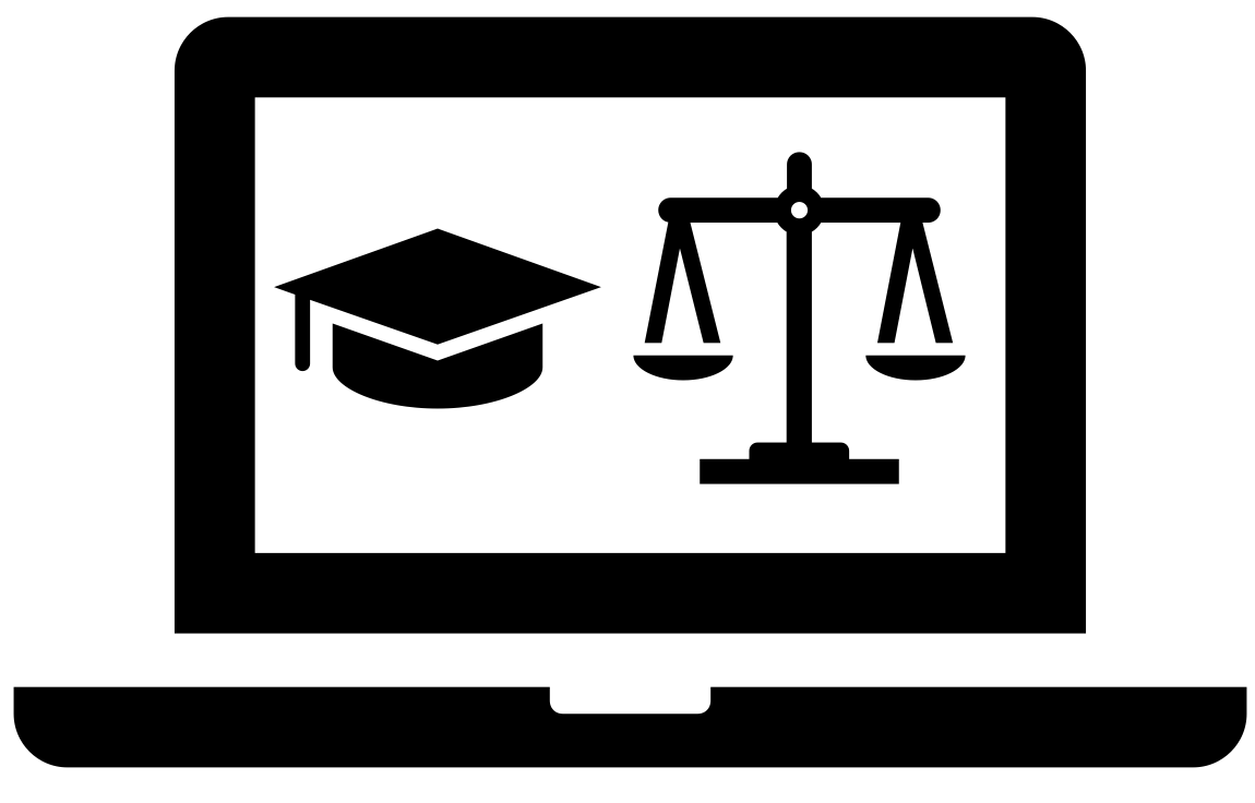Drawing of a laptop with a graduate cap and a set of scales to indicate fairness