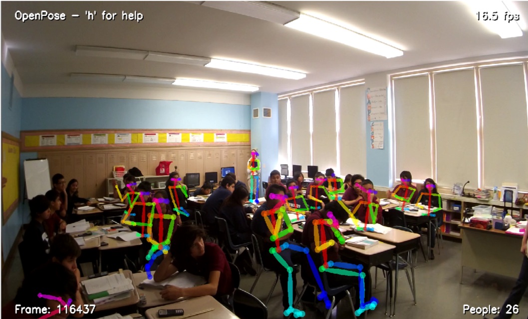 Students in a classroom with automatically detected keypoints showing their position and pose